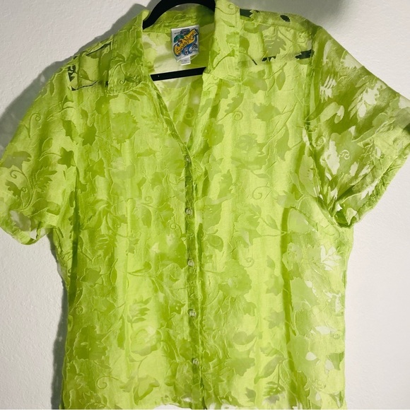 Susan Marie woman’s Lime Green Floral Sheer Top size XL short sleeve buttondwn - Picture 4 of 9